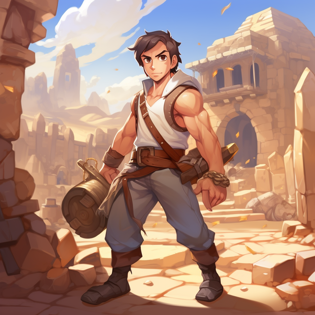 Cartoon blacksmith carrying strong hammer in desert castle town