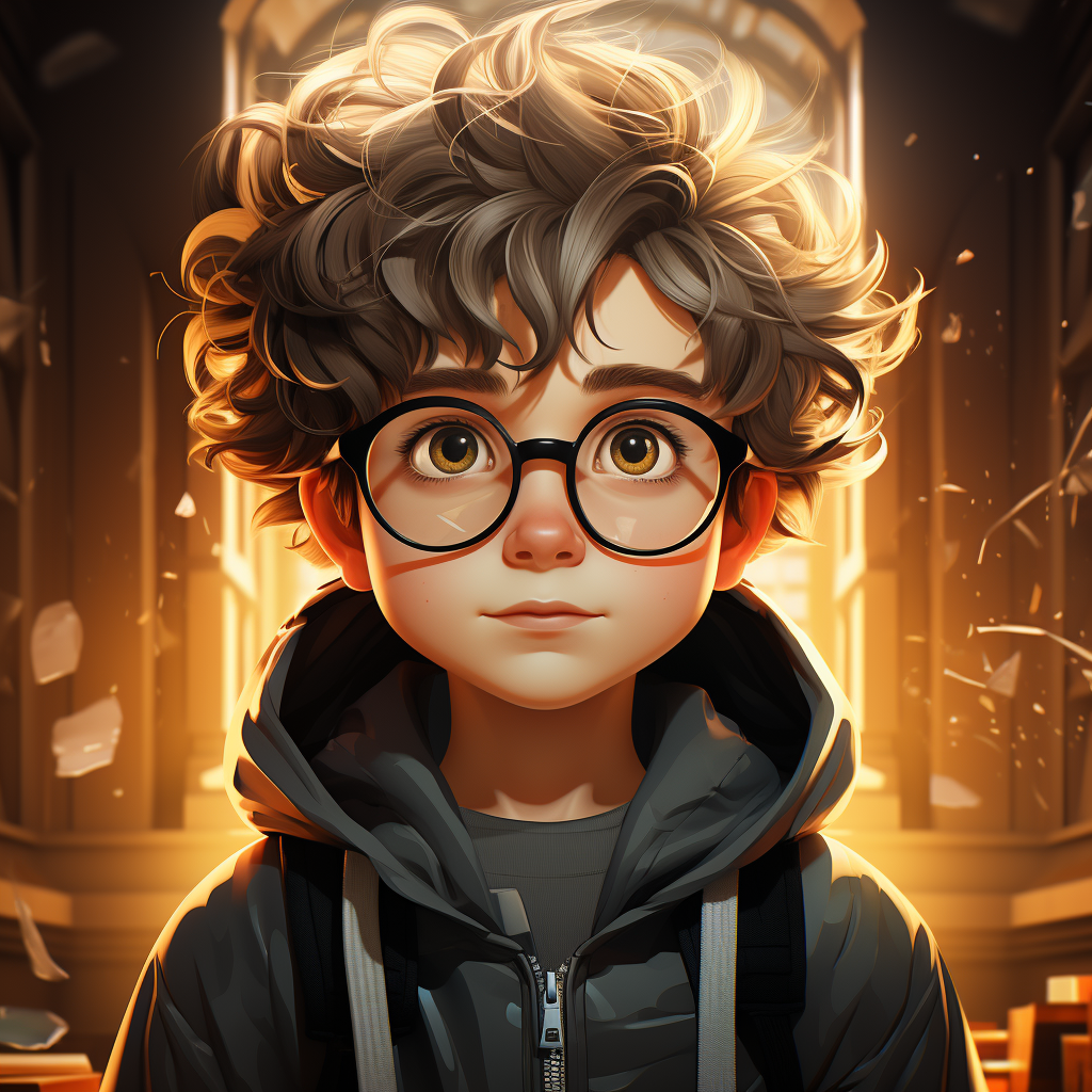 Cartoon kid with glasses and big head in hoodie