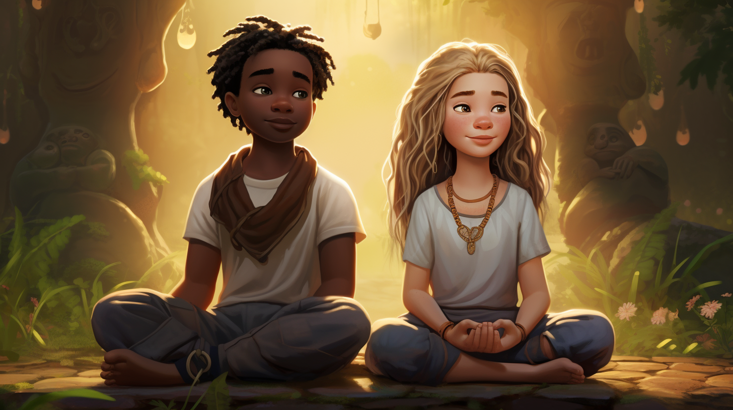 Two cartoon kids meditating peacefully