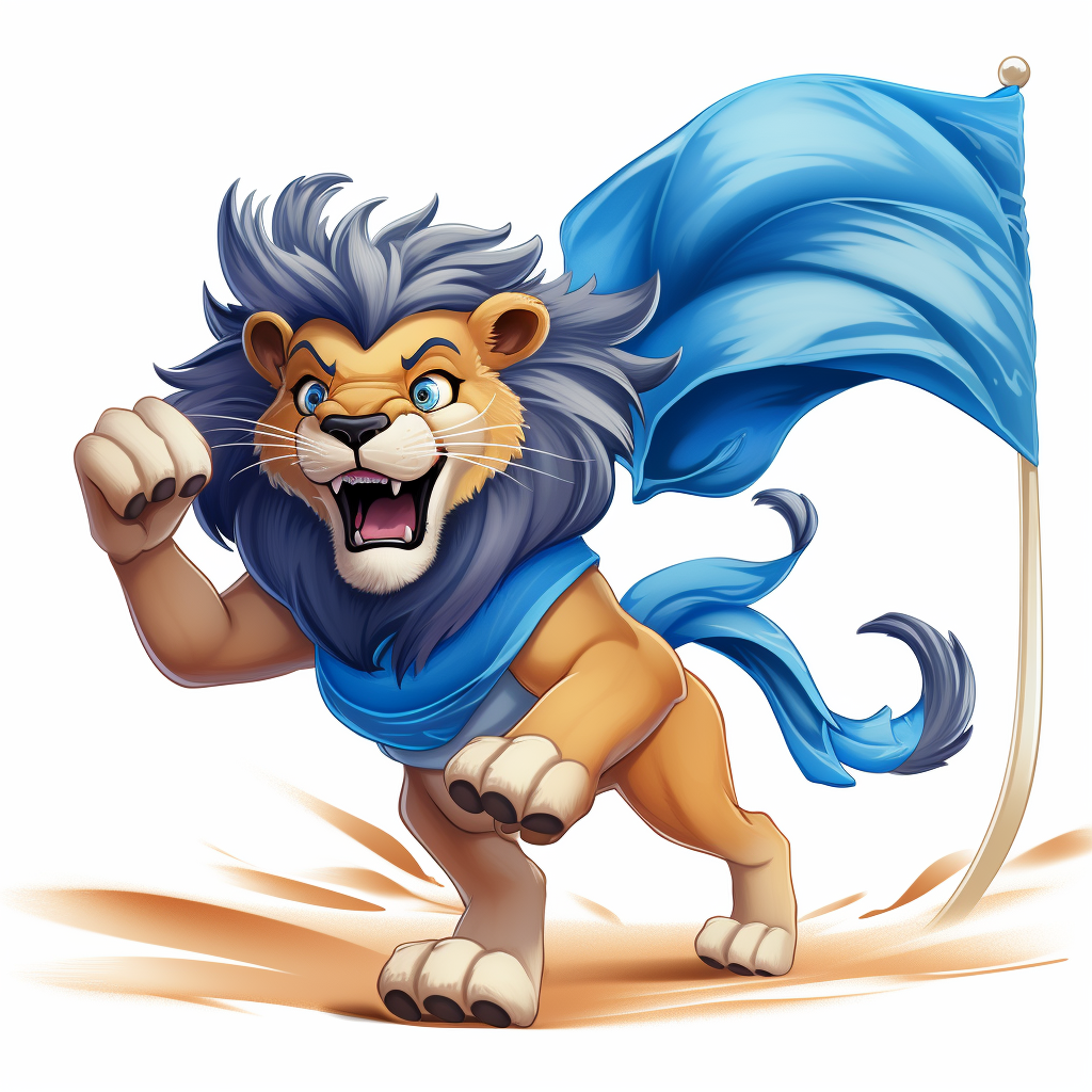 Cartoon lion running with blue flag from the back