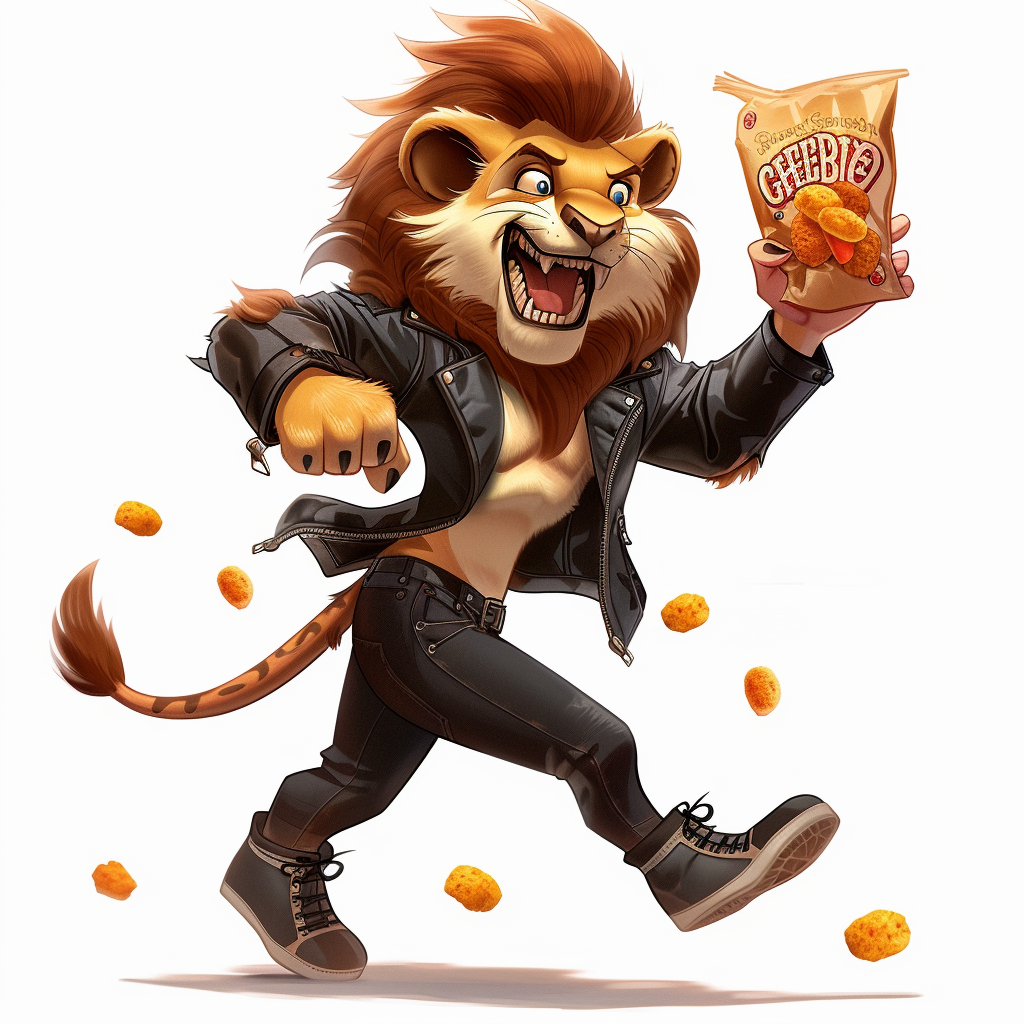 Cartoon lion with cheetos bag