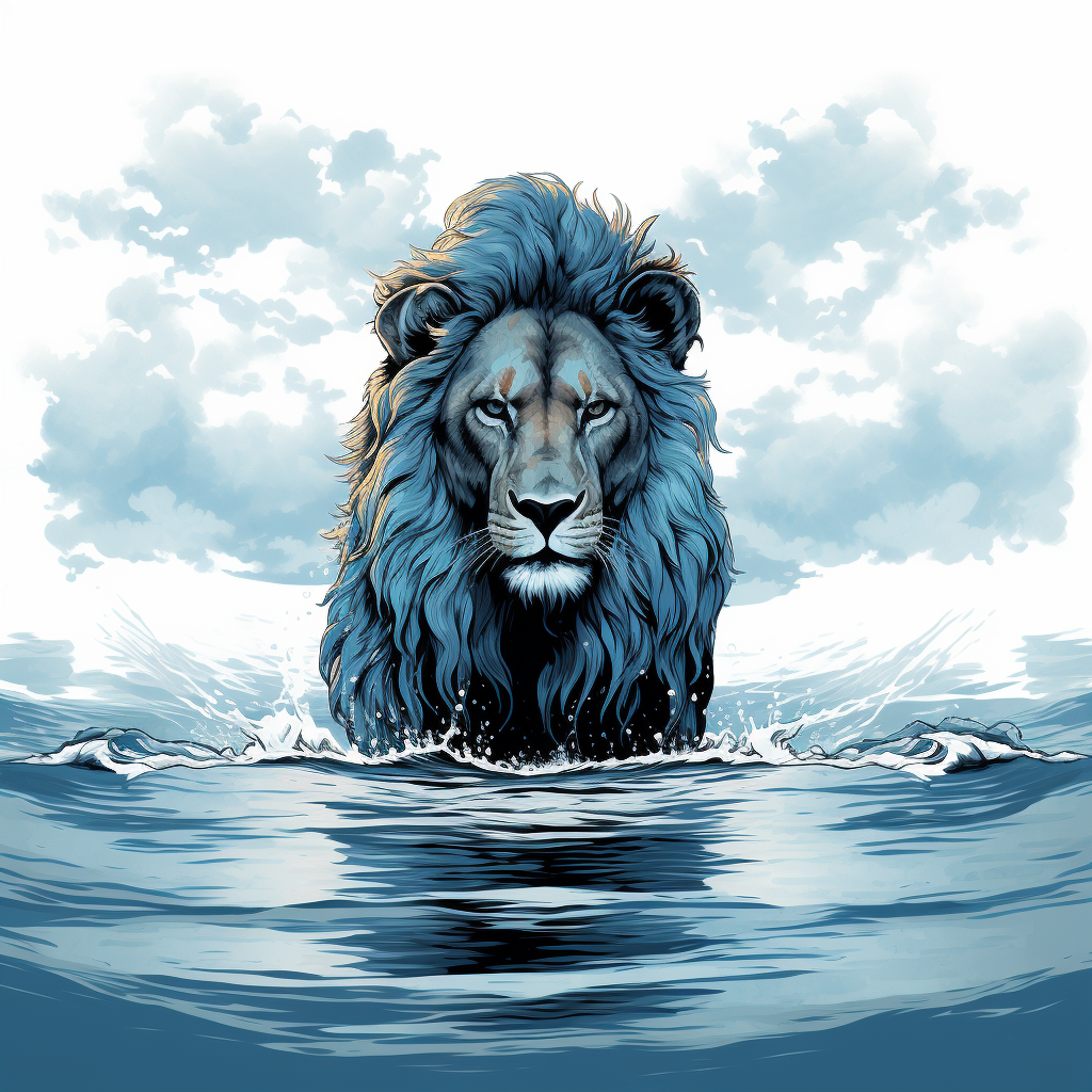 Cartoon lion in blue water