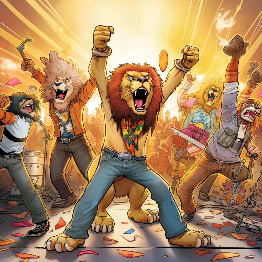 Cartoon lions dancing at party