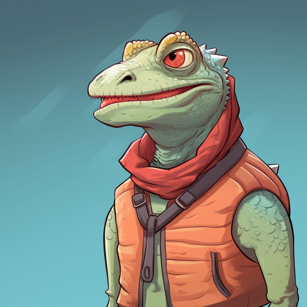 Cartoon lizard wearing puffy vest