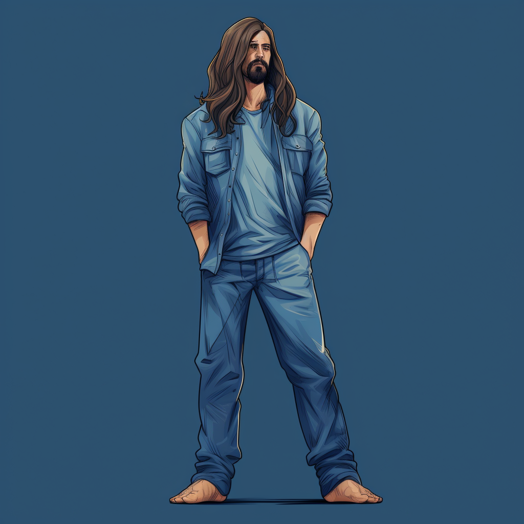 Cartoon man with long hair in denim jumpsuit