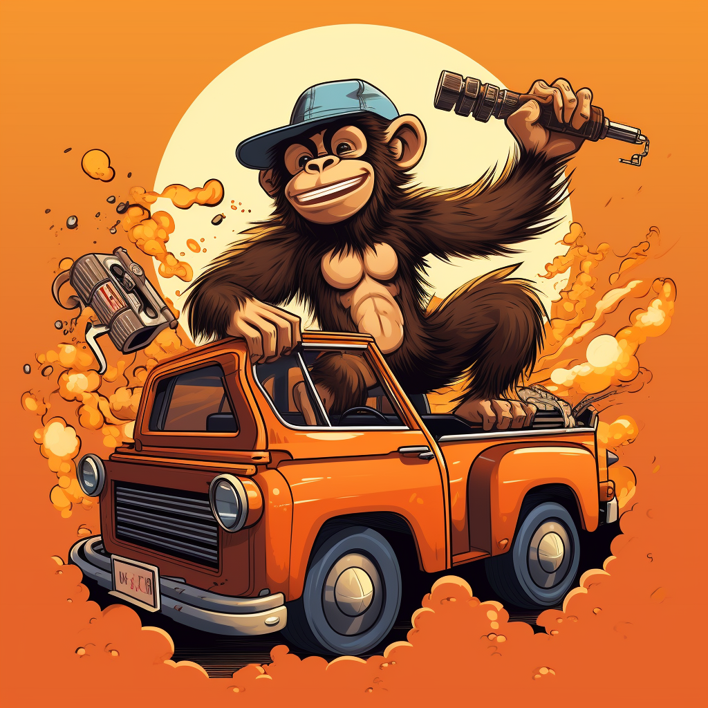 Cartoon monkey drumming on pickup truck