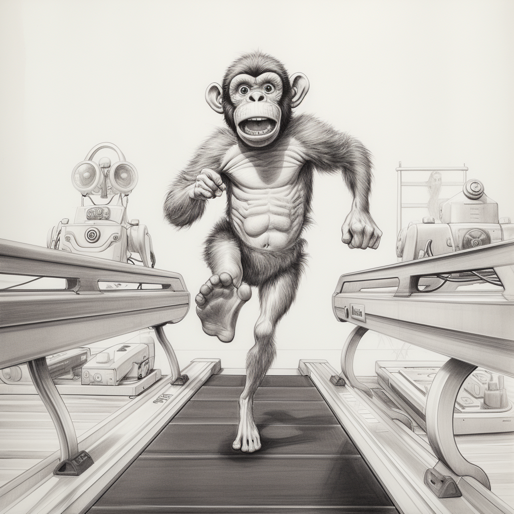 Cartoon monkey running on treadmill