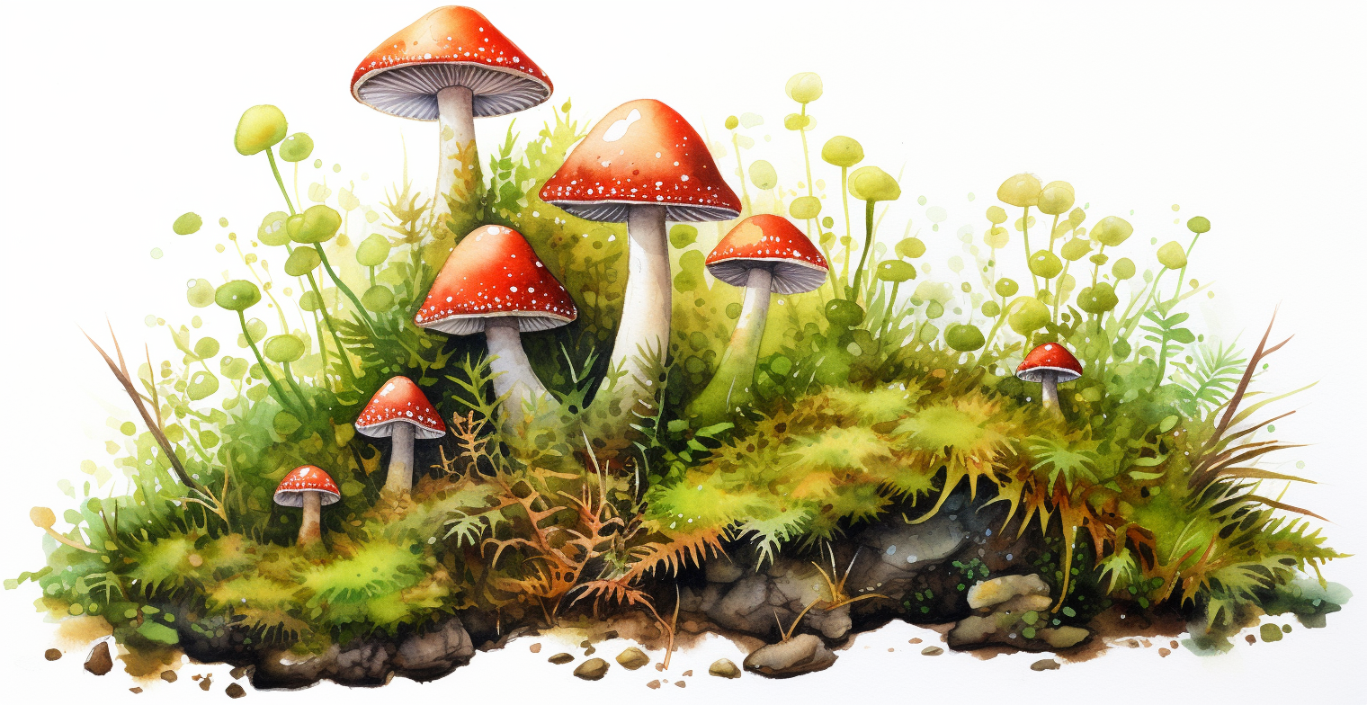 Colorful cartoon mushrooms growing in moss