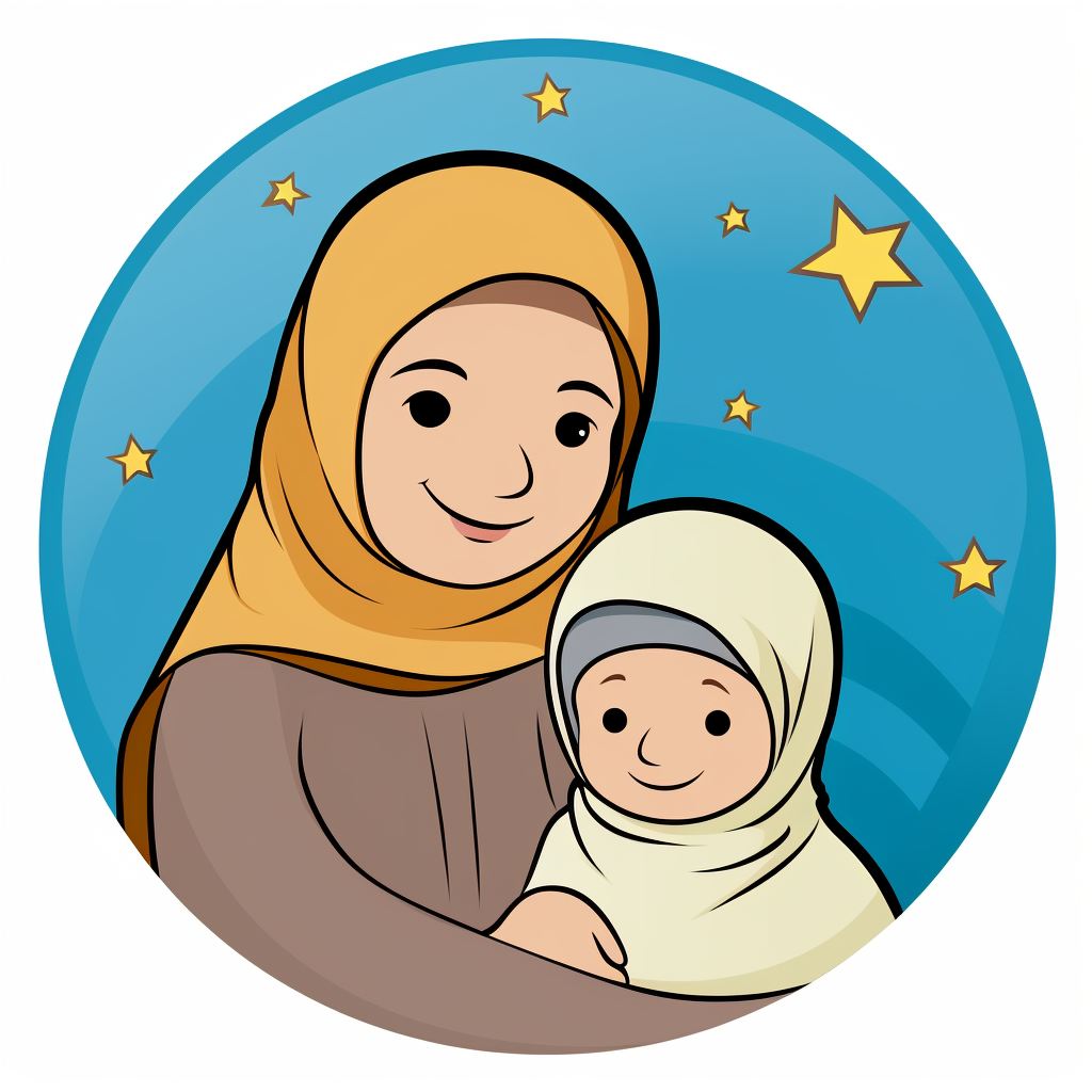 Cartoon newborn with mother wearing hijab, smiling happily