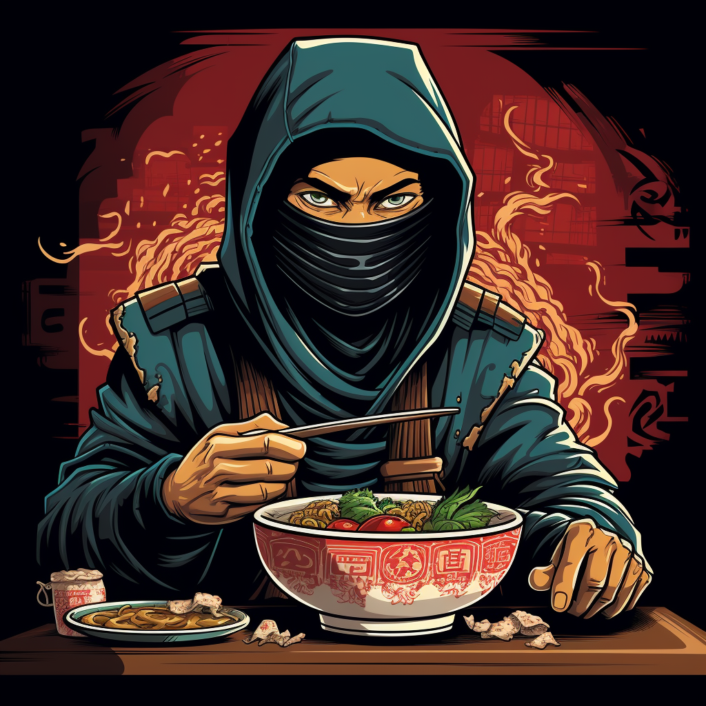 Cartoon ninja enjoying a bowl of ramen