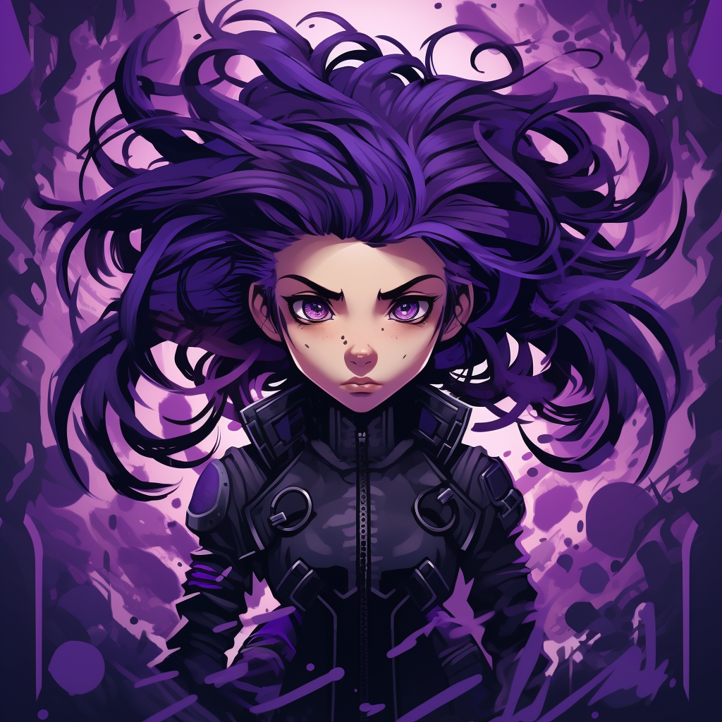 Cartoon ninja girl with purple outfit and crazy hair