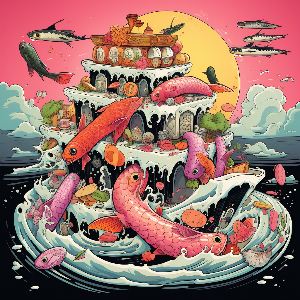 Colorful cartoon sushi with bad omens