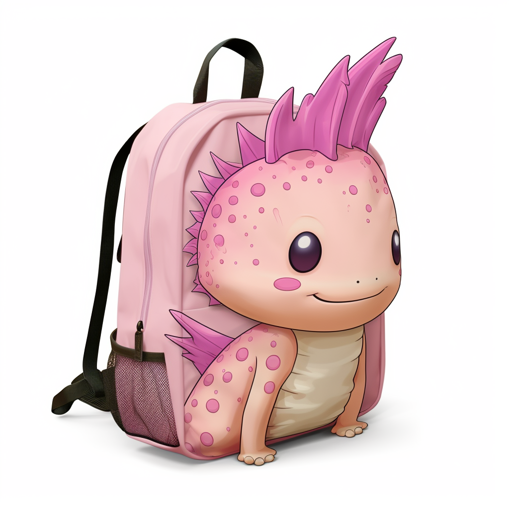 Cartoon pink axolotl with backpack