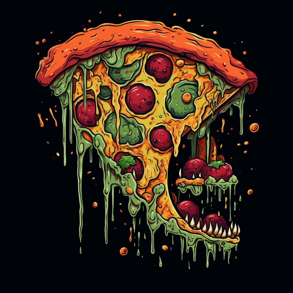 Colorful cartoon pizza slice on black background