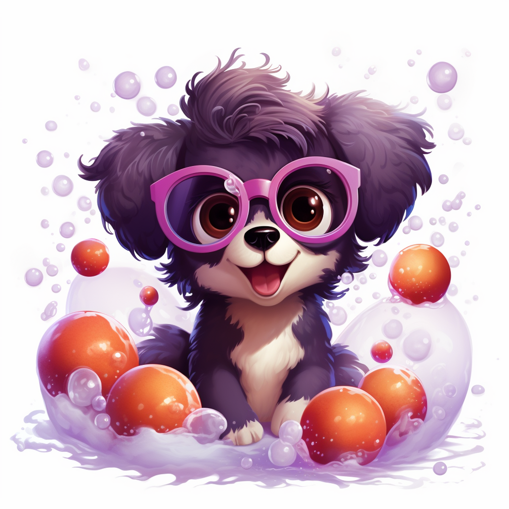 Kawaii plum fruit with bubbles and puppy