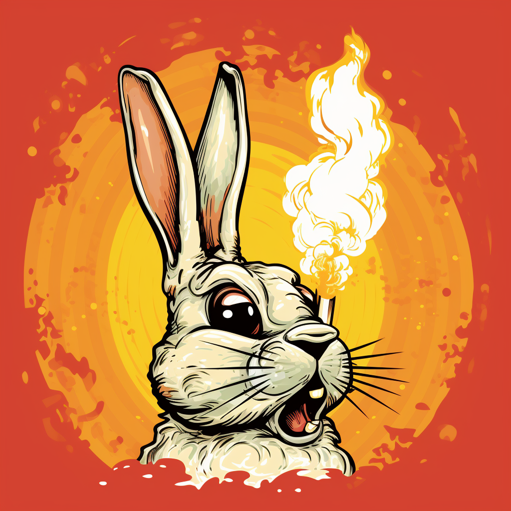 Cartoon rabbit breathing fire in old-time style