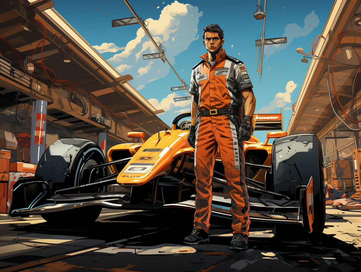 Cartoon race car driver with Formula 1 car