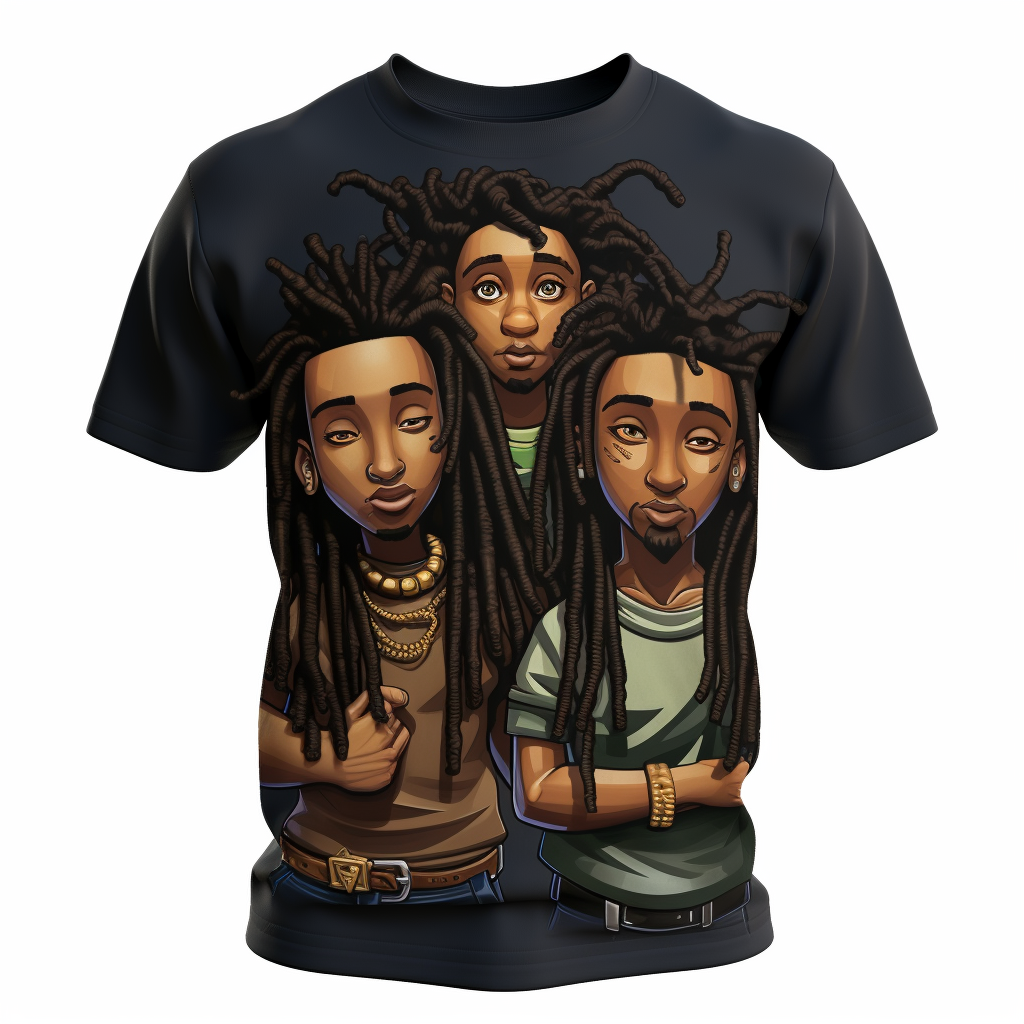 Cartoon rappers with dreads on t-shirt