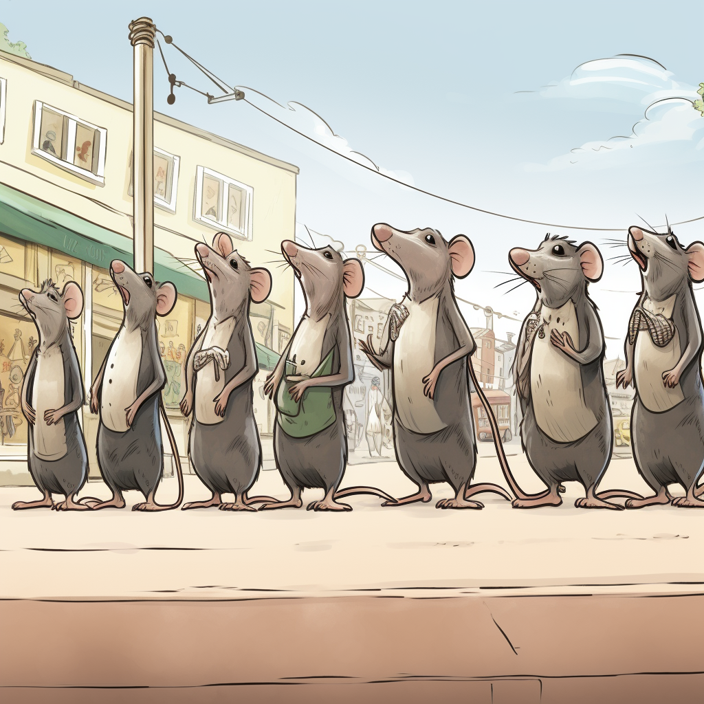 Cartoon rats waiting to enter store