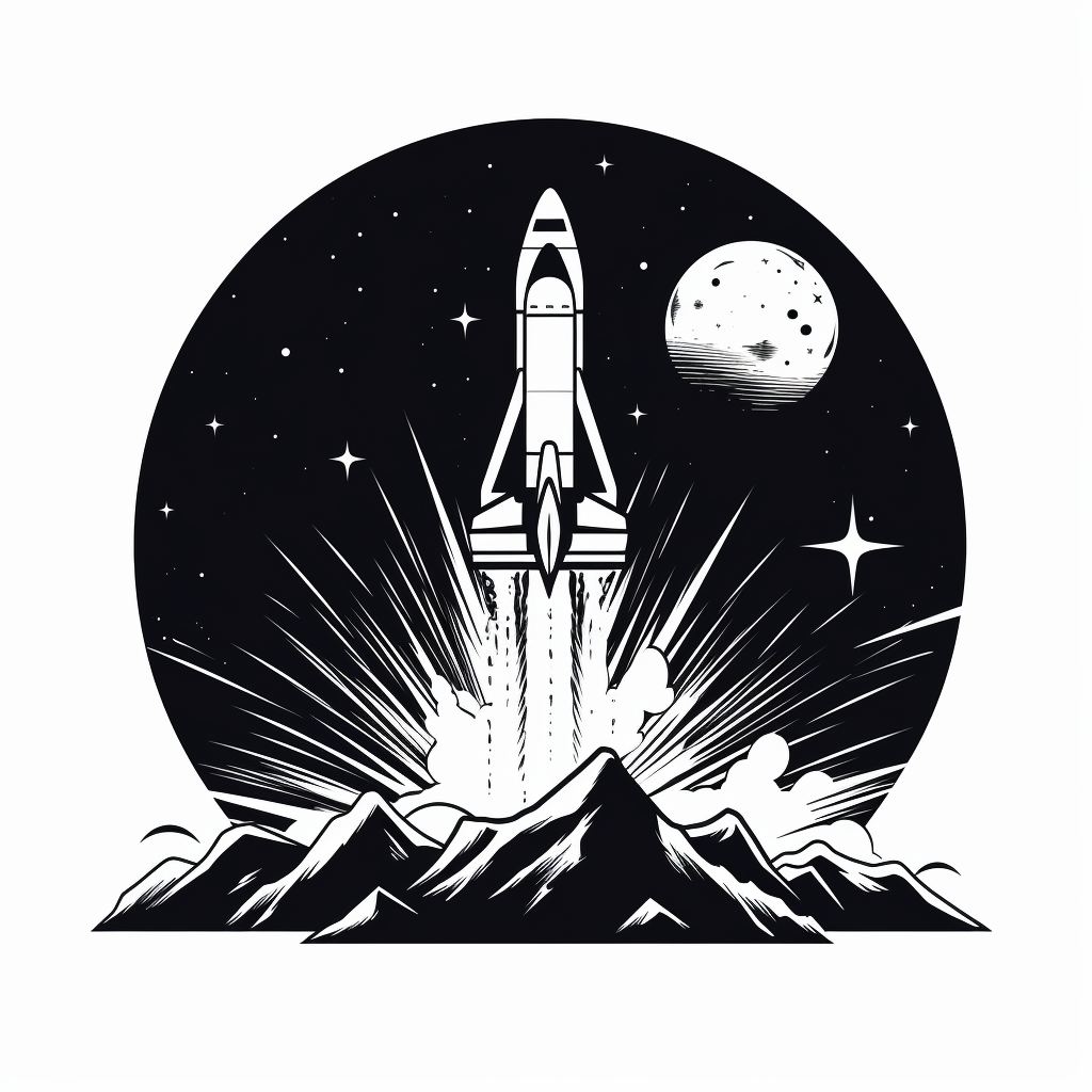 Cartoon rocket shooting towards the moon over mountains