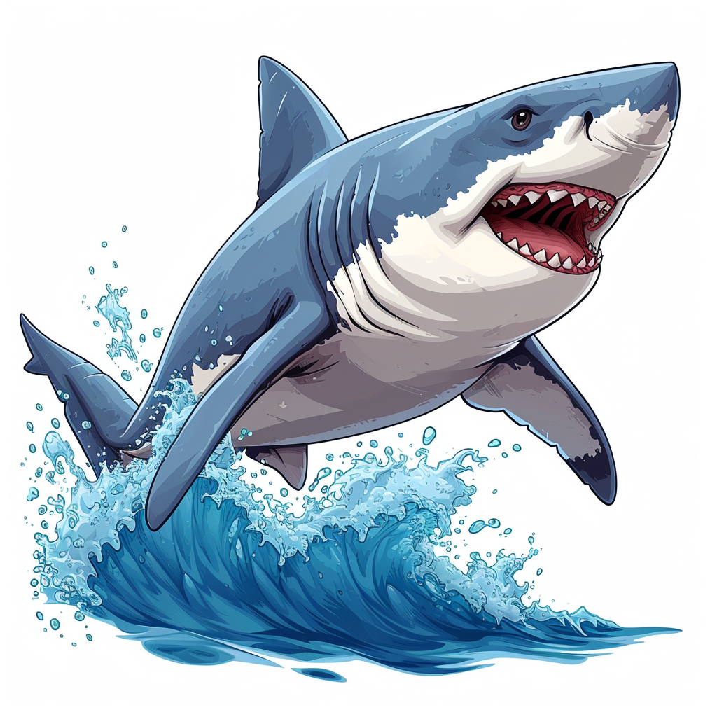 Cartoon shark jumping over water wave