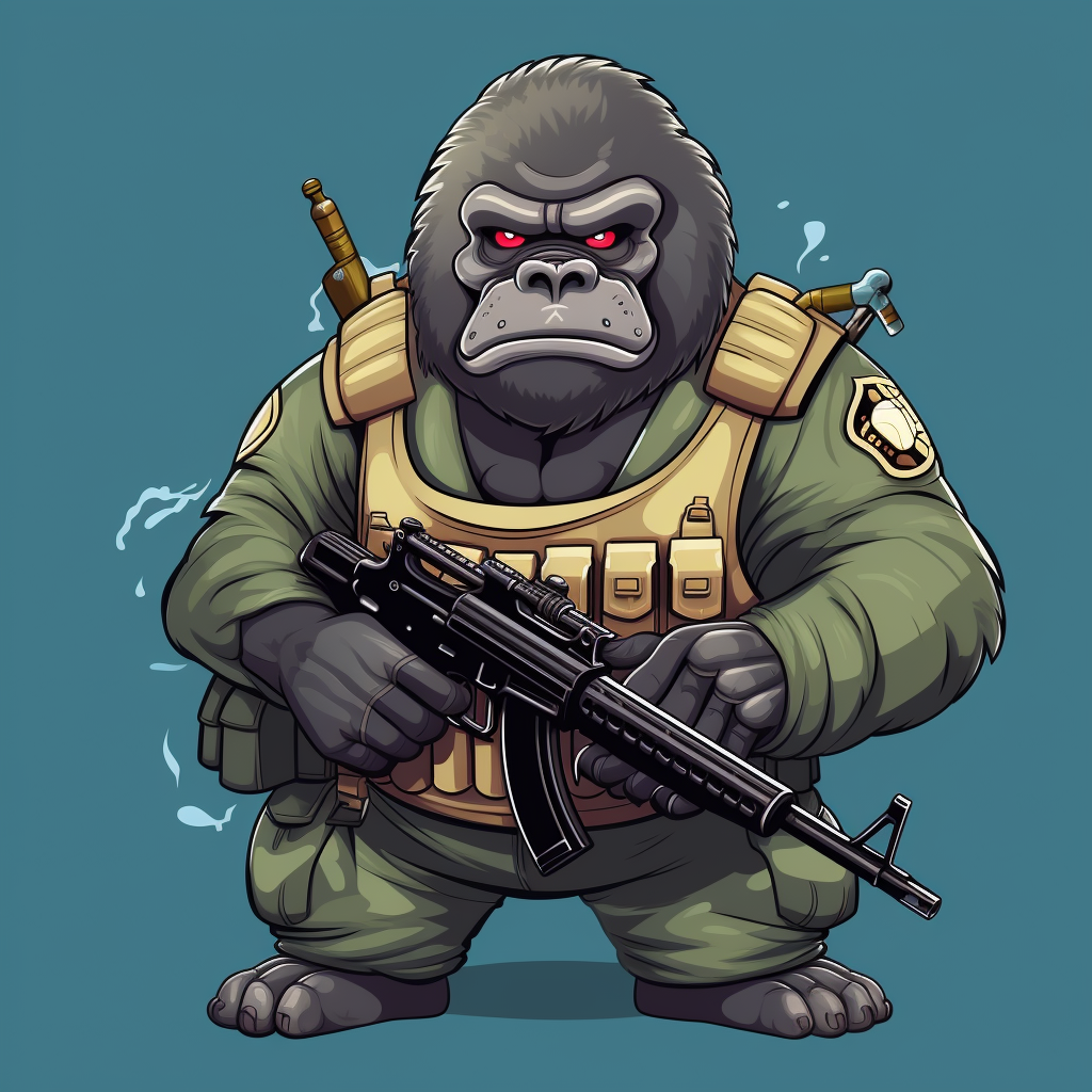 Powerful silverback gorilla with uzi and military vest