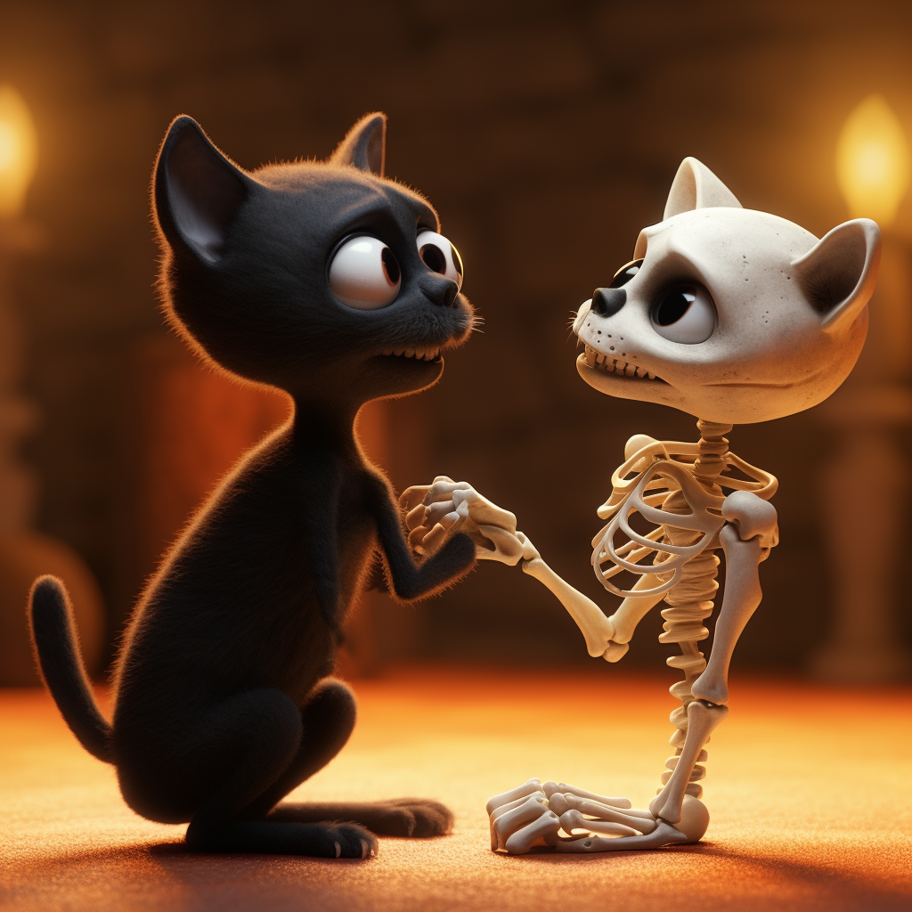 Cartoon skeleton boops black cat's nose tip