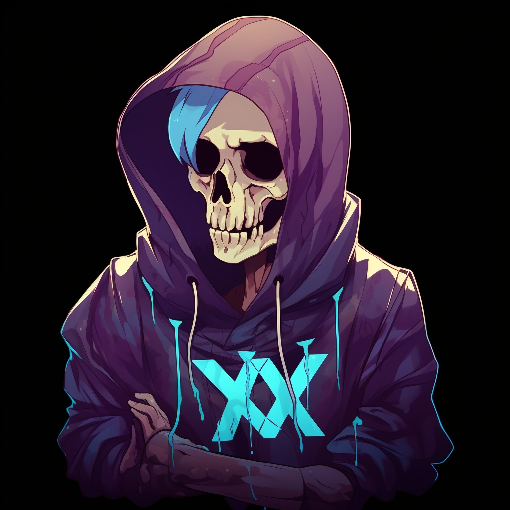 Cartoon skeleton wearing Nyx hoodie