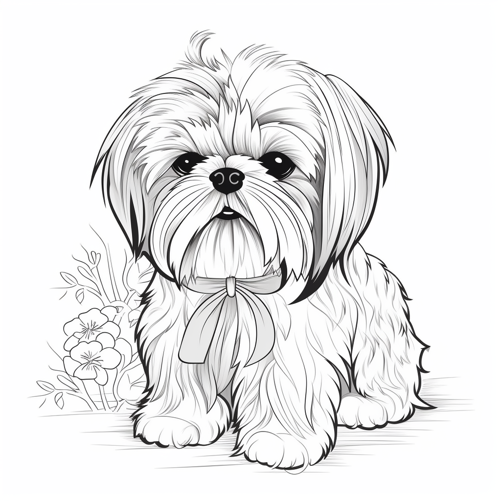 Cartoon-style kids coloring page of a Shih Tzu