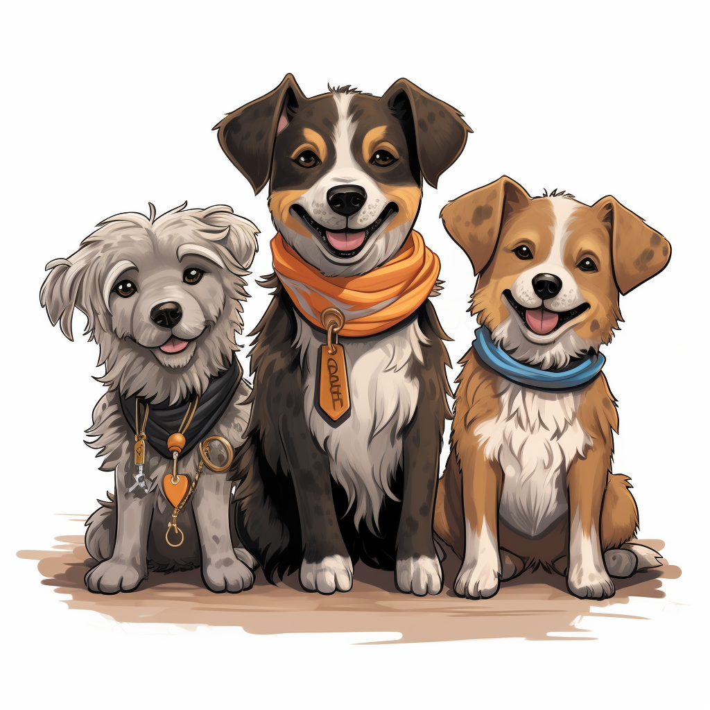 Cartoon dogs wearing colorful bandanas