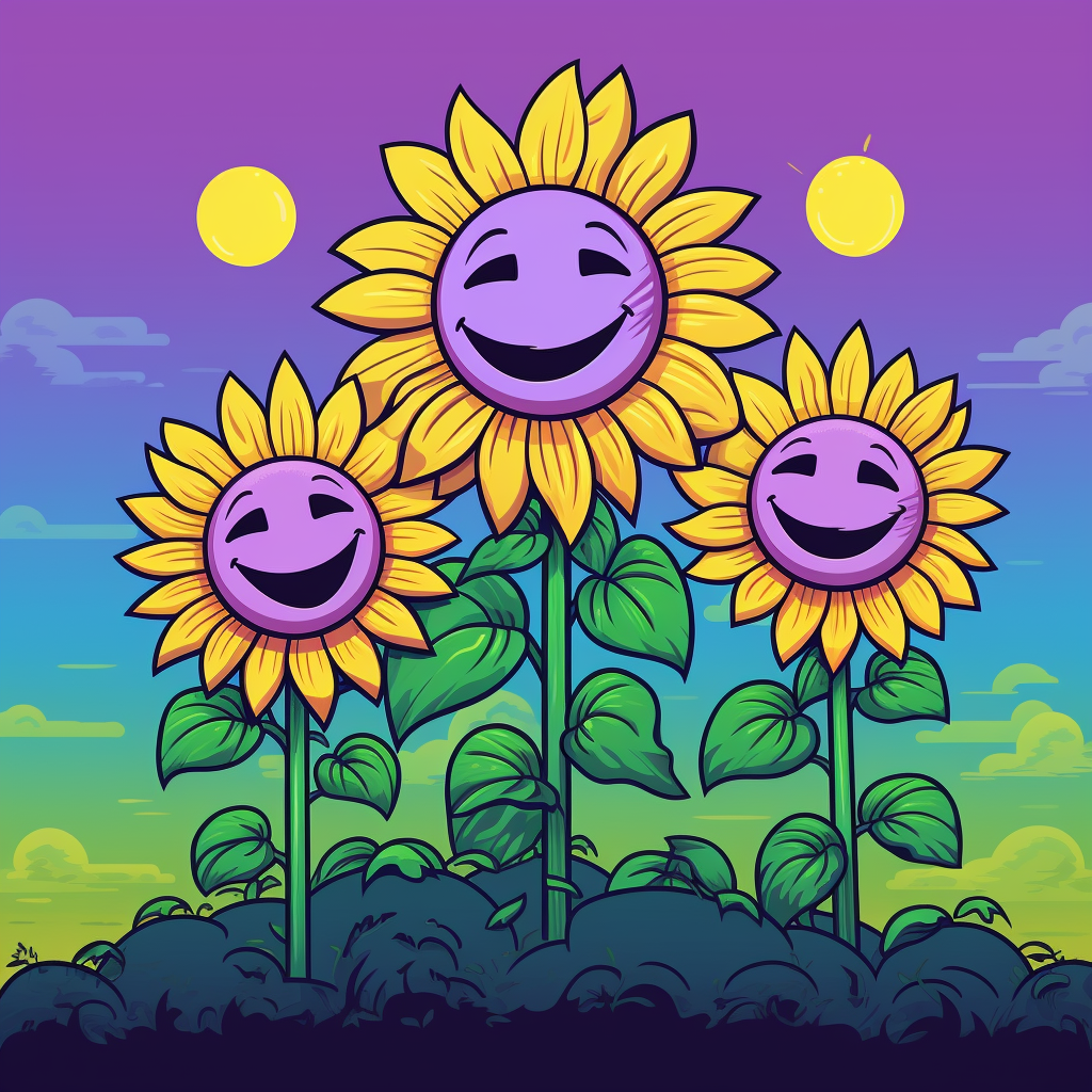 Cartoon sunflowers with happy faces and sunrise background