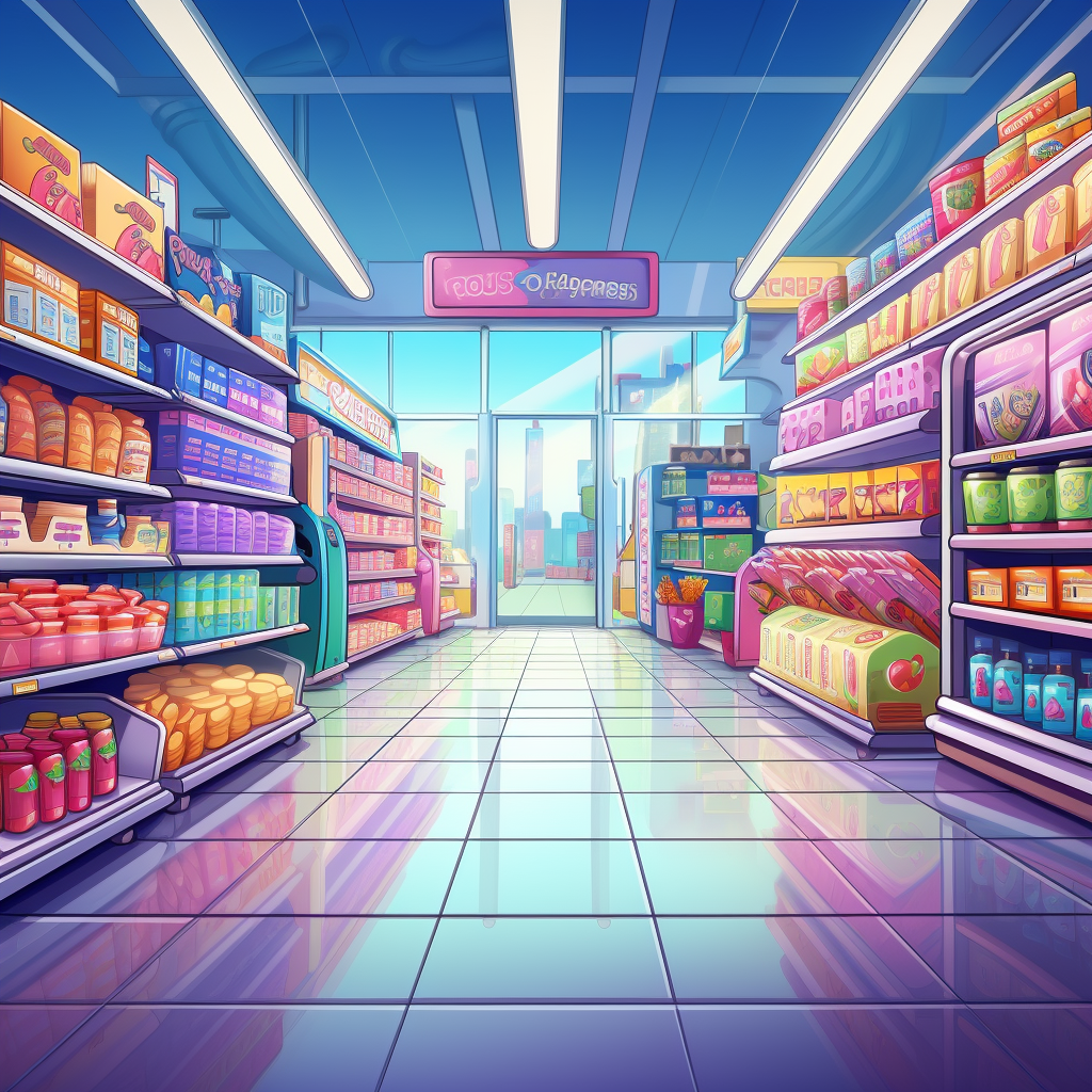 Colorful supermarket interior with cartoon characters