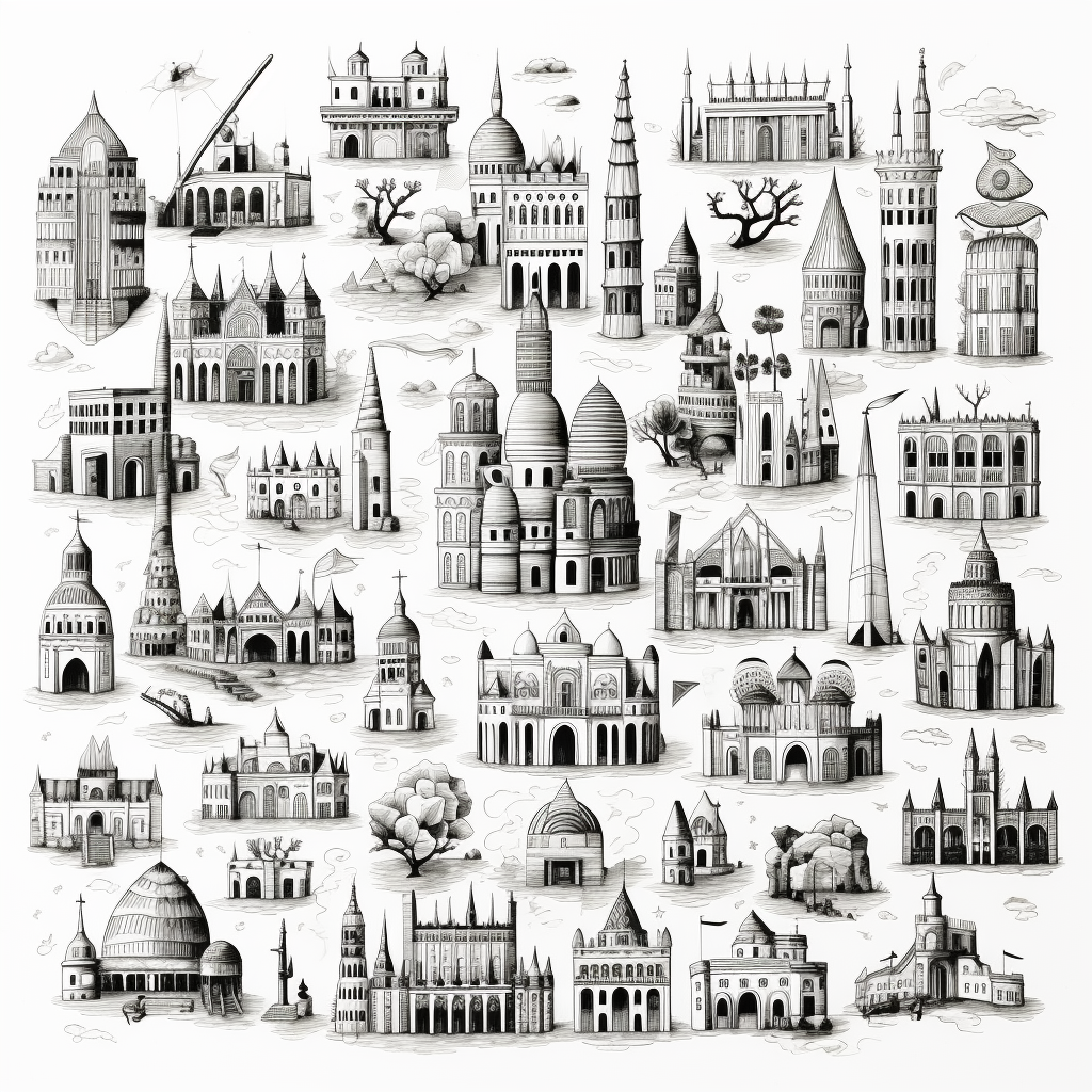 Cartoon temples, churches, cathedrals, shrines in grid