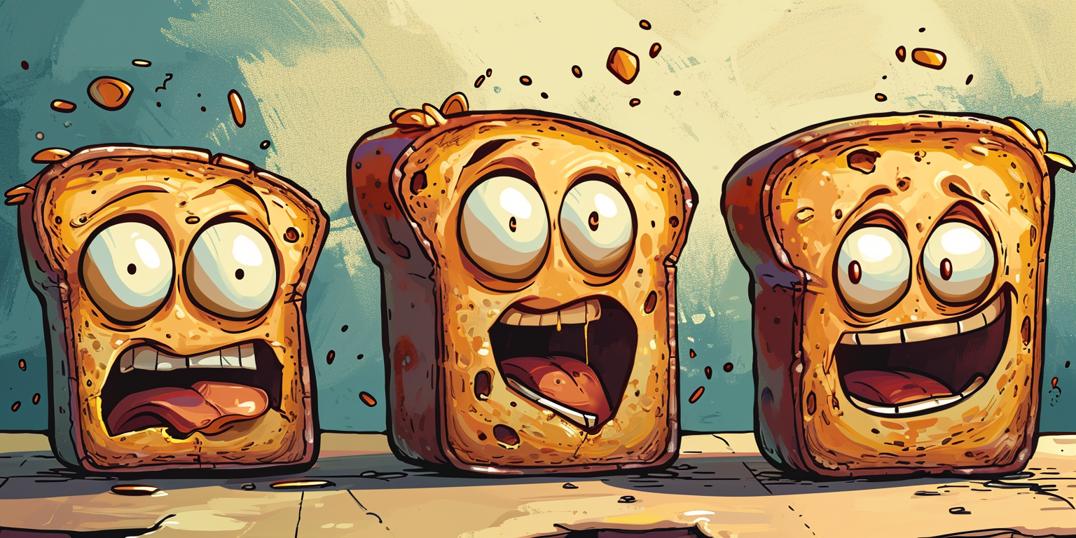 Cartoon toast character in funny adventure style