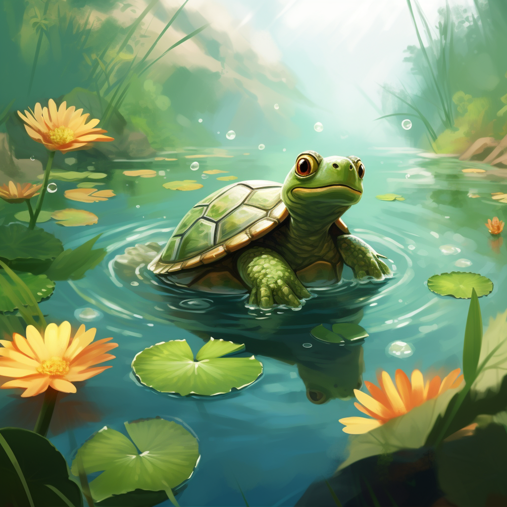 Turtle floating in pond with foliage