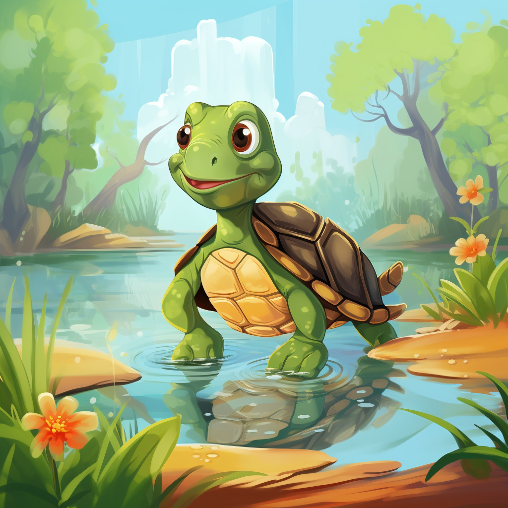 Cartoon turtle in pond with foliage