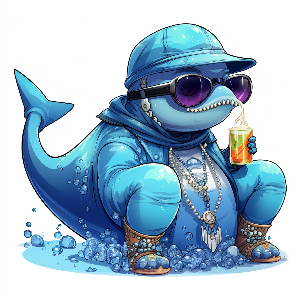 Cartoon whale with rapper jewelry and cool outfit