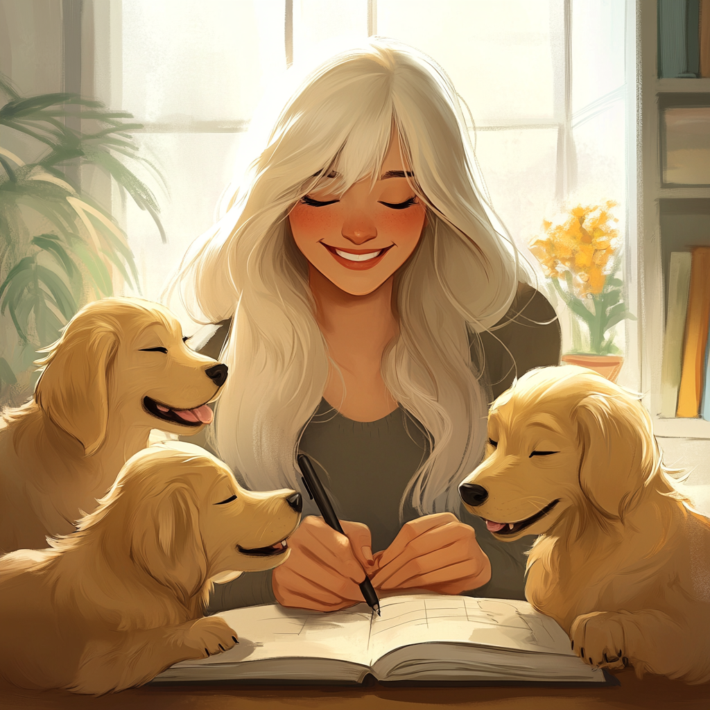 blonde woman puppies writing notebook