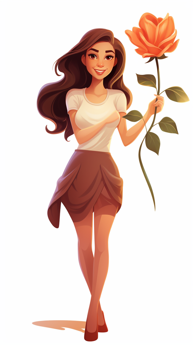 Cartoon woman holding a flower with open arms