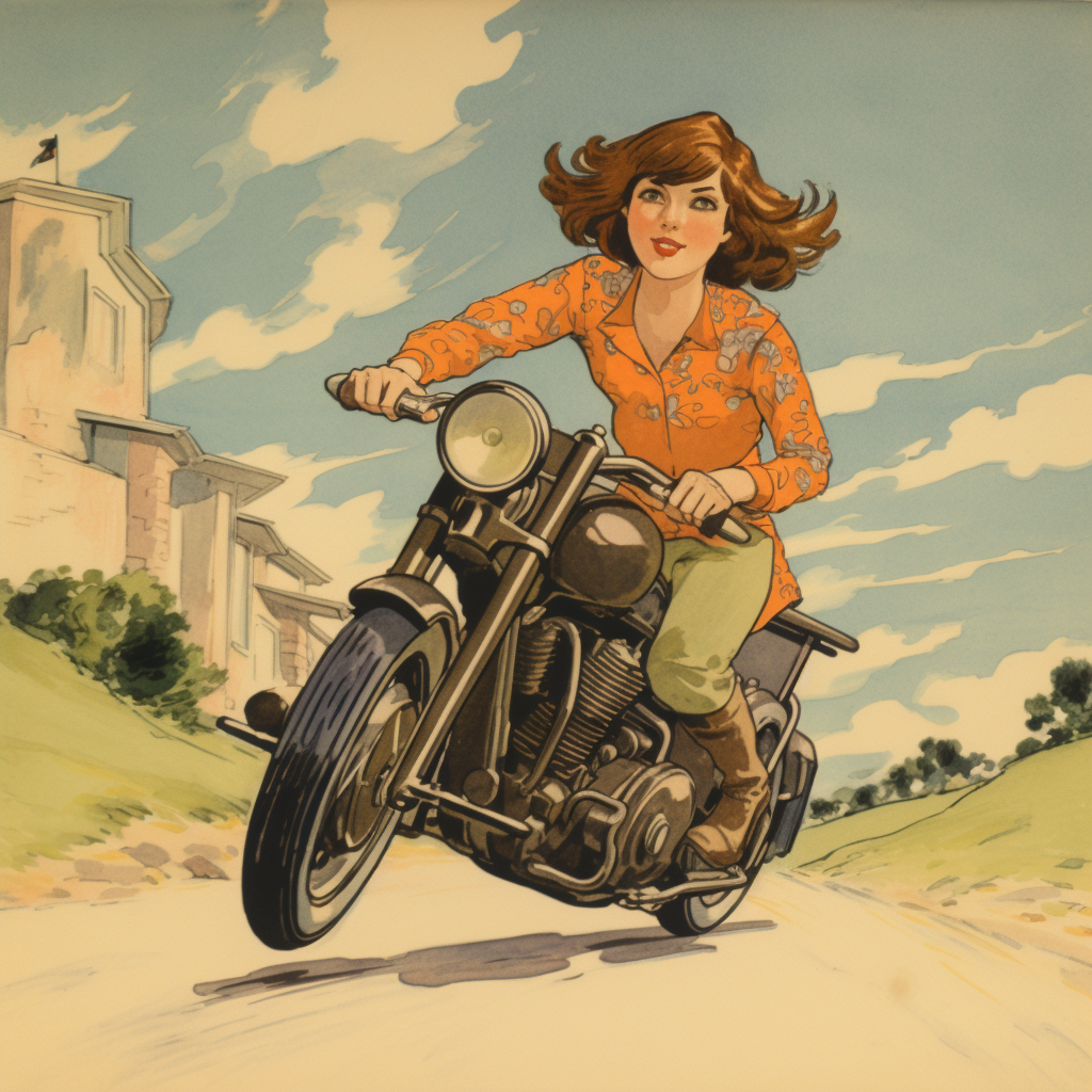 1930s cartoon woman on motorcycle