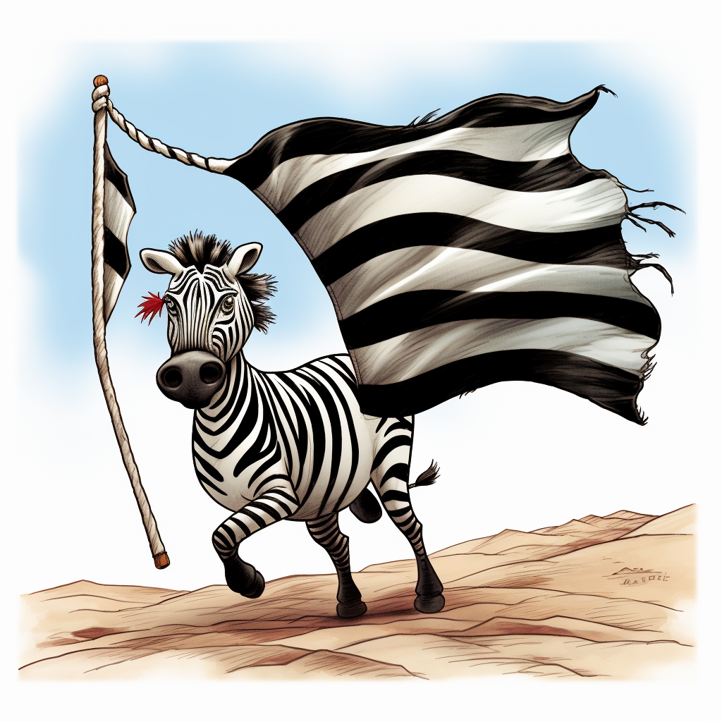 Cartoon zebra running with black flag