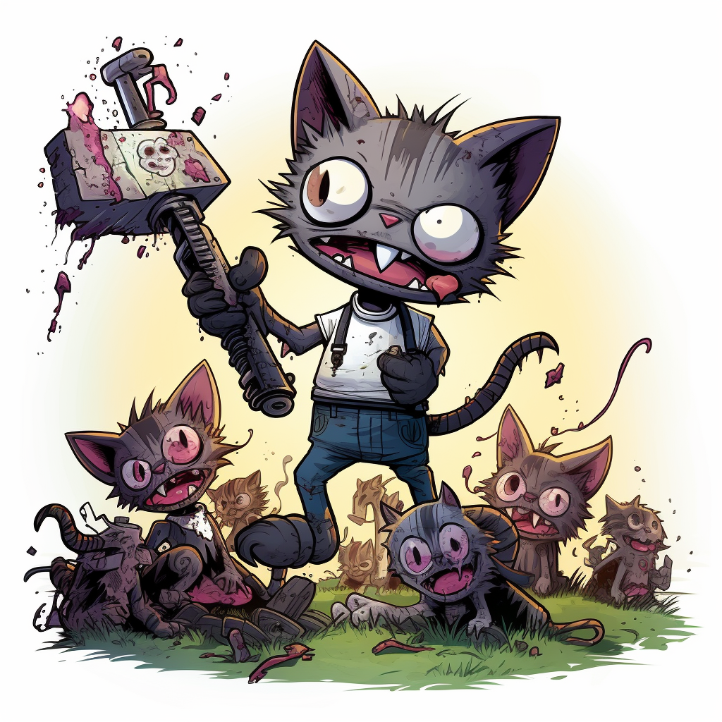 Cartoon zombie cat juggling chainsaws