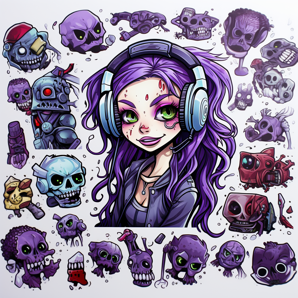 Cartoon zombie girl with purple hair wearing headphones