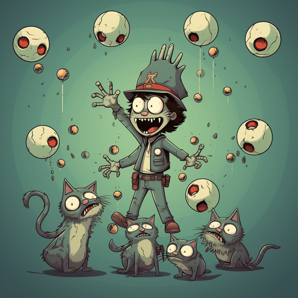 Funny cartoon zombie juggling cats