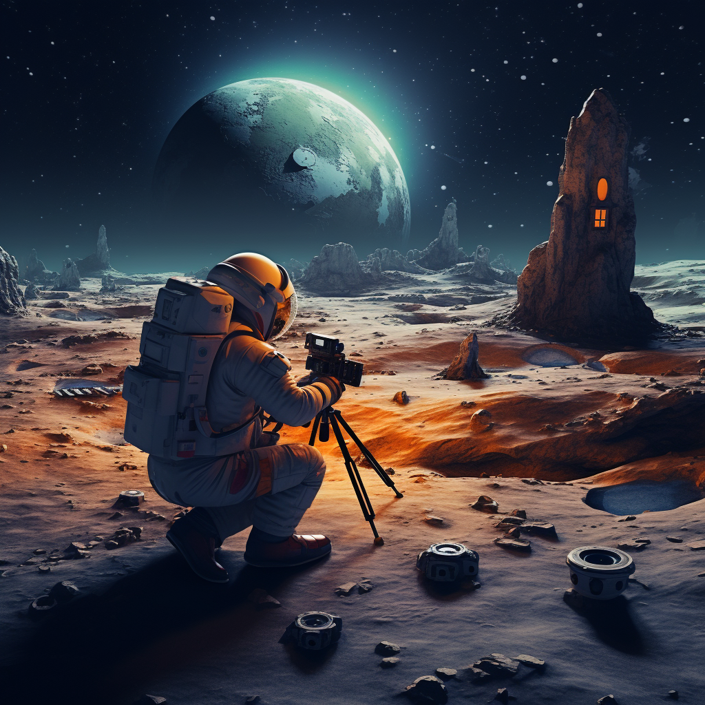 Cartoon astronaut photographer on alien planet