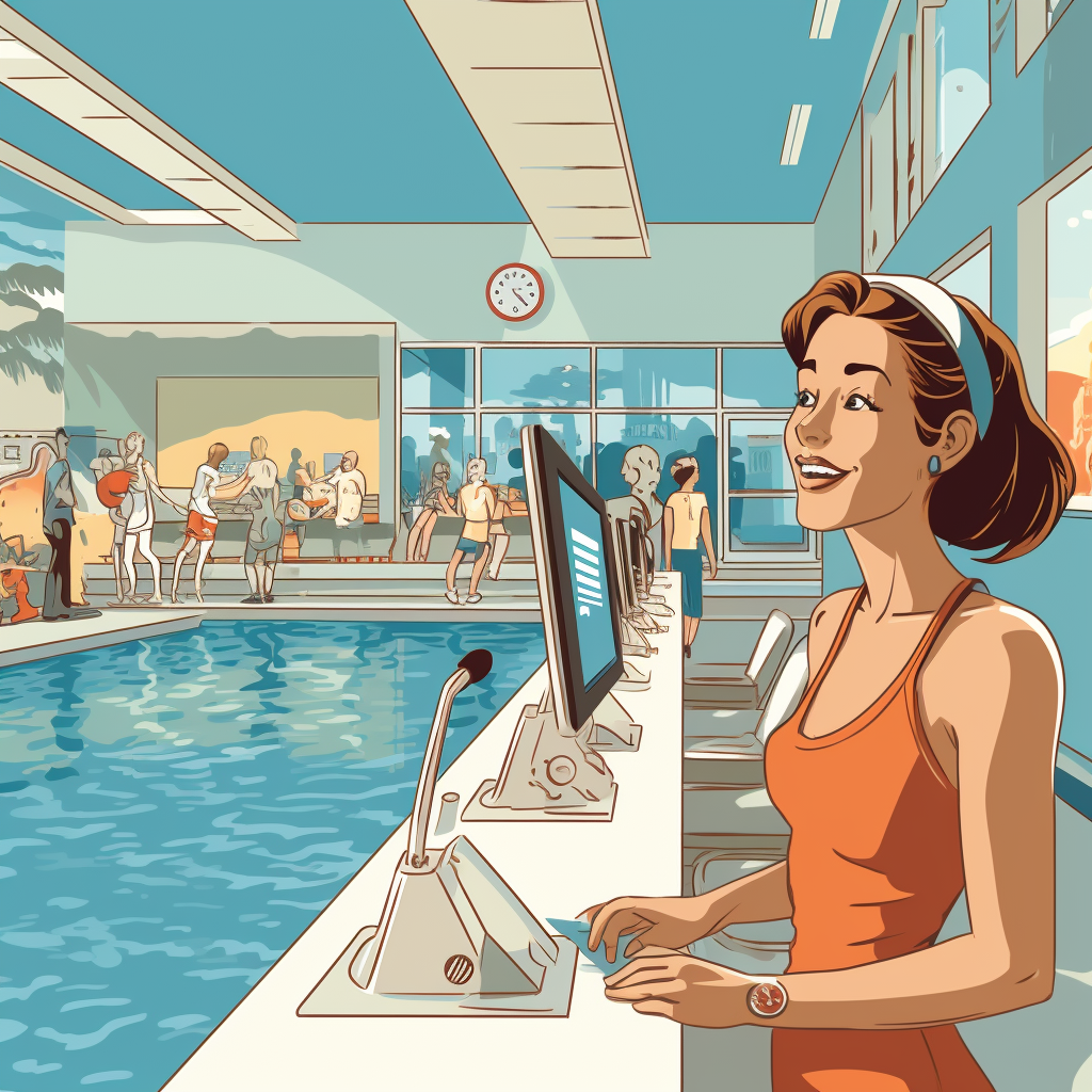 Cartoon athletic lady at swim center front desk