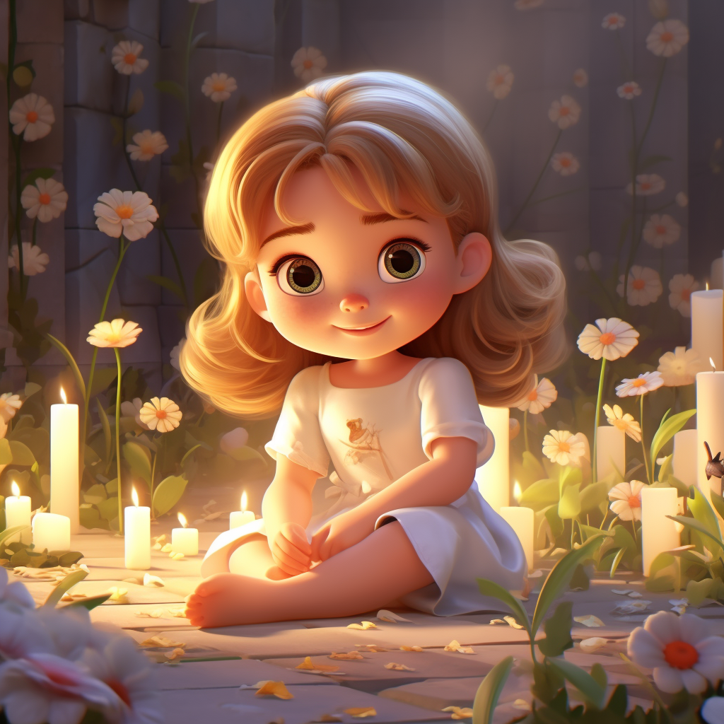 Cartoon baby girl in white dress surrounded by flowers