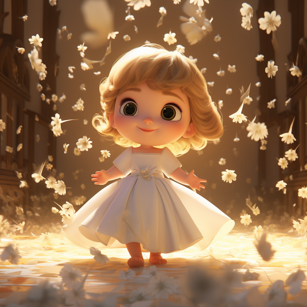 Cartoon baby girl in white dress with flowers