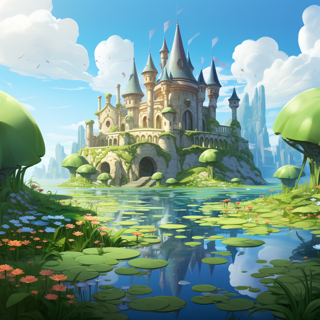 Cartoon background with pond, lotus leaf, kingdom, clean castle