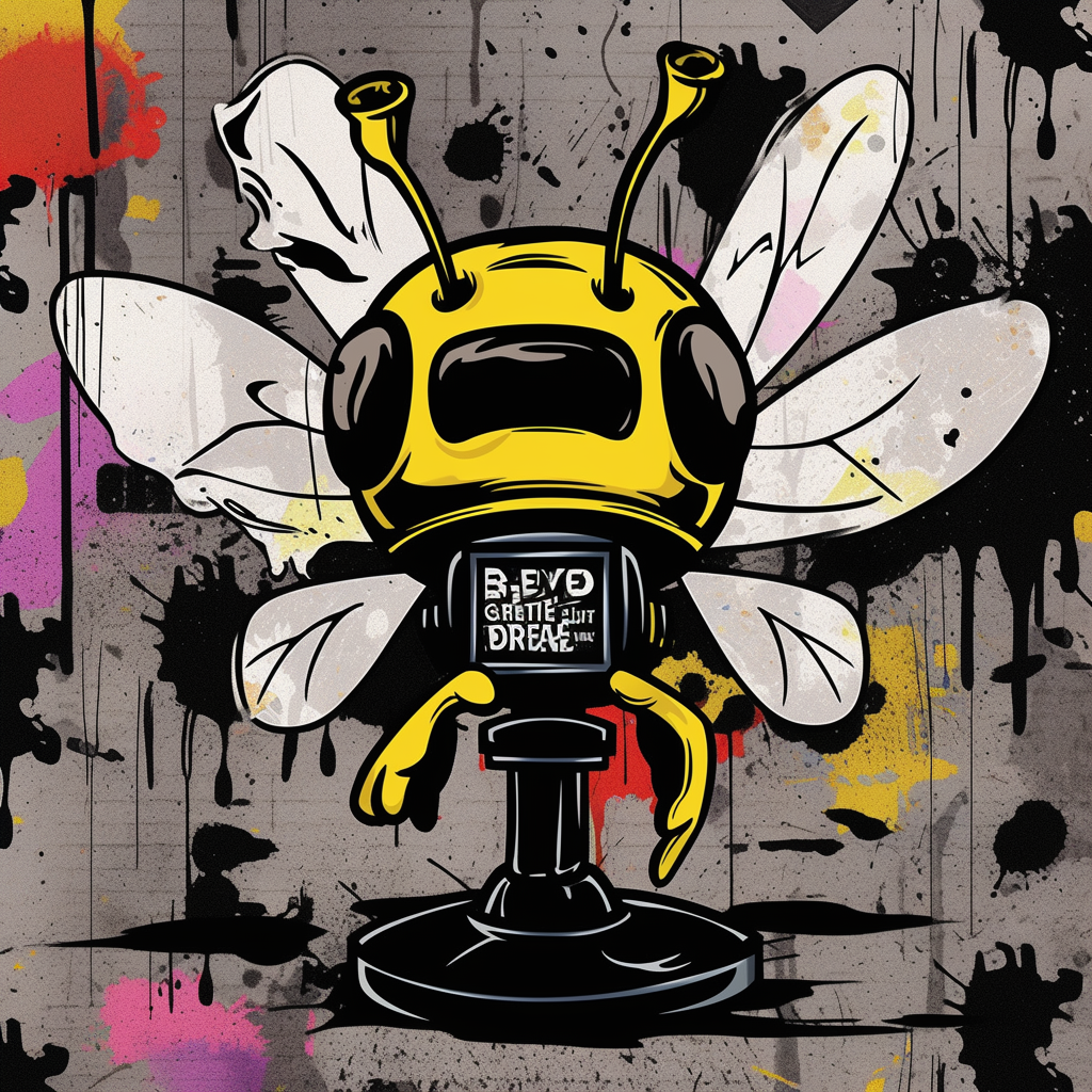 Cartoon bee reporting news in Mr Brainwash style